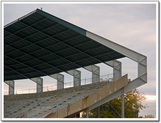 [Close-up of the stands and roof]